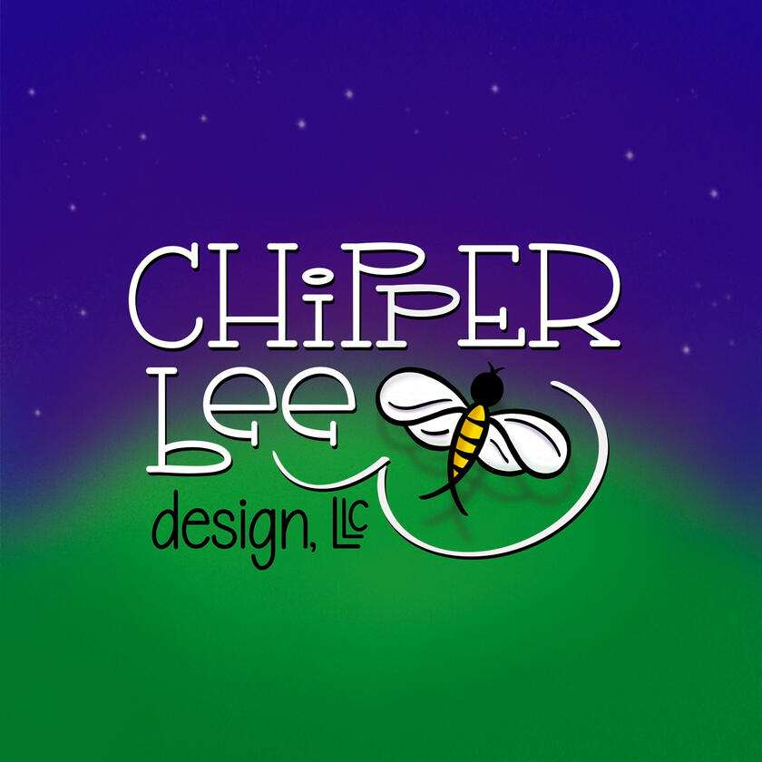 Chipper Bee Design LLC Chipper Bee logo with text: Chipper bee design, LLC with a bee and swirl on purple and green