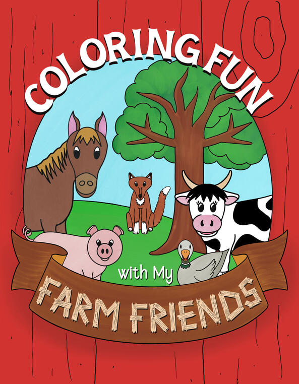 Coloring Fun with My Farm Friends Book cover with Text: Coloring Fun with my Farm Friends on red background, animal illustrations